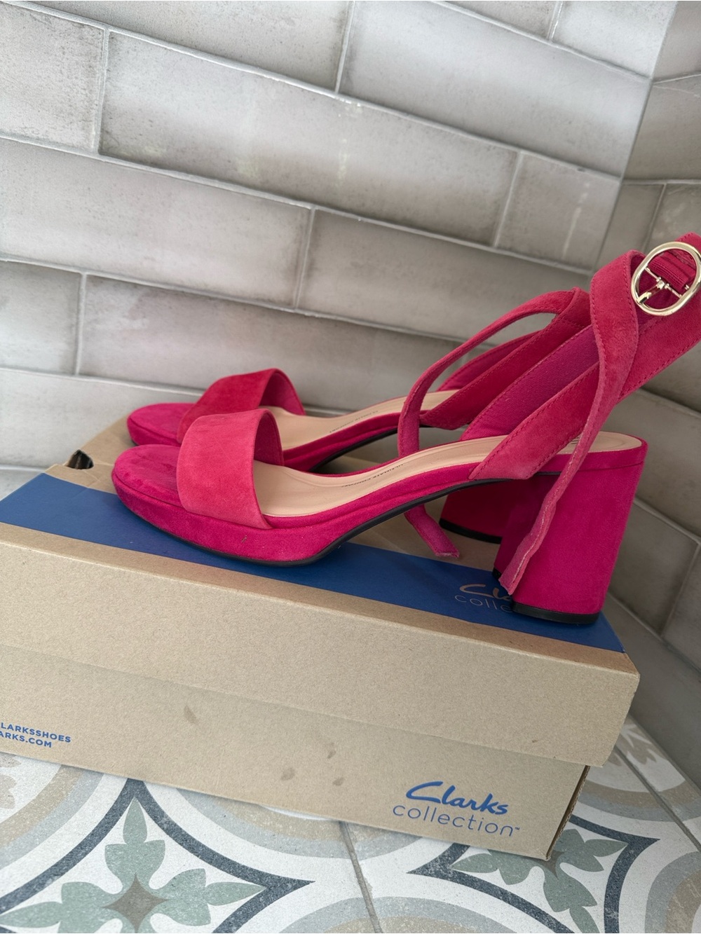 Clarks Fuchsia Suede Block Heel Sandals with Ankle Strap